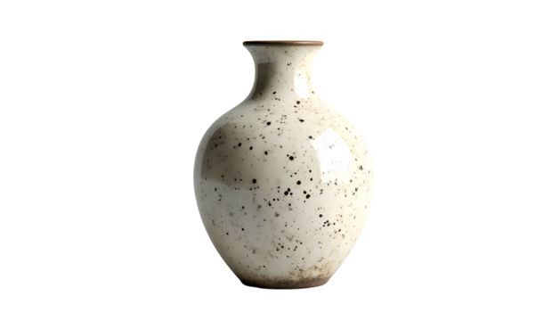 Ceramic vessel with speckled glaze illuminated against a solid black background