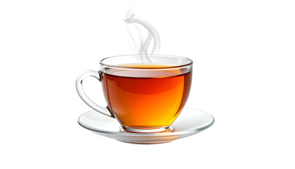 Transparent glass teacup filled with amber liquid emits rising steam against a dark backdrop