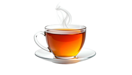 Transparent glass teacup filled with amber liquid emits rising steam against a dark backdrop