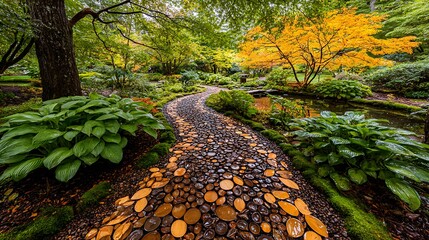Serene Path Through Lush Autumn Garden with Vibrant Foliage.