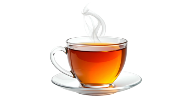 Transparent glass teacup filled with amber liquid emits rising steam against a dark backdrop