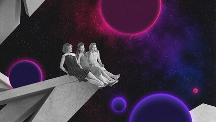 Creative digital artwork. Three women in vintage dresses on concrete structure under glowing planets in surreal space. Concept of fashion editorial styling, modern decor, and mindfulness advertising.