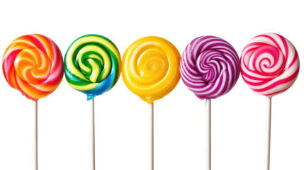 Five colorful swirl lollipops isolated on a transparent background