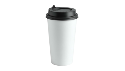 Disposable beverage container with a black lid stands against a dark background