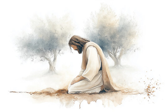 Jesus Christ Praying in Garden of Gethsemane Watercolor Illustration Isolated on White Background
