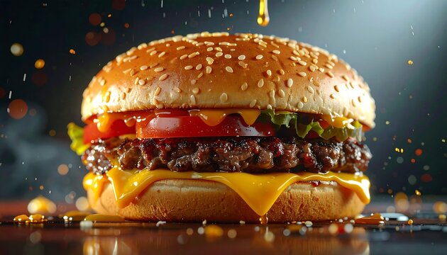 Mouthwatering burger juicy patty, melted cheese, fresh veggies, sesame bun on a shiny surface