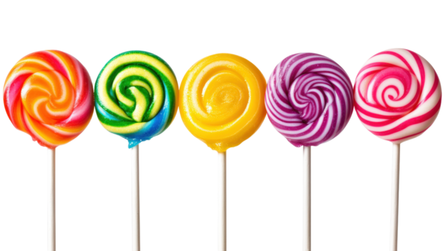 Five colorful swirl lollipops isolated on a transparent background