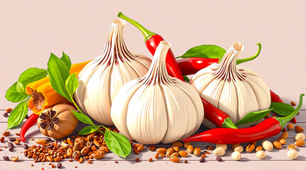 Fresh garlic and red chili pepper vector illustration logo design, perfect for organic food branding, restaurant identity, spicy seasoning product packaging, natural culinary business, and healthy kit