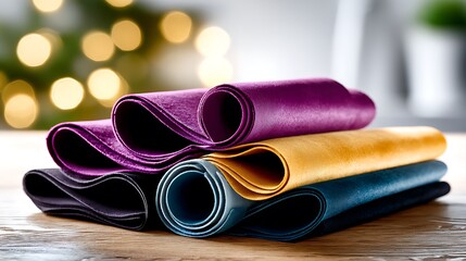 Stack of colorful yoga mats on a wooden surface.