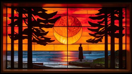 Stained Glass Sunset Scene with Silhouette Figure and Trees.