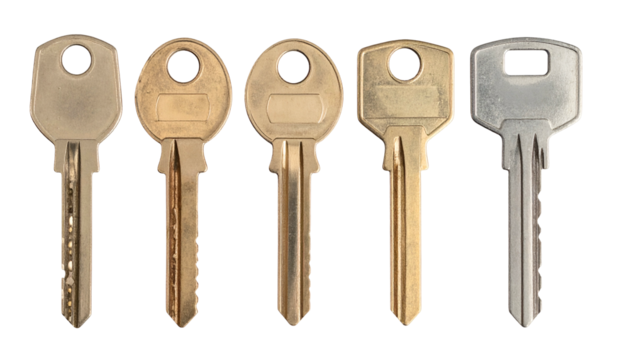 Assortment of five distinct metal locking implements displayed against a solid dark background