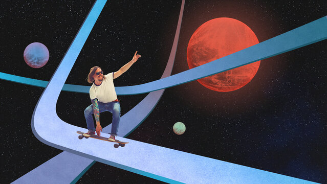 Man skateboarding on futuristic curved bridge with glowing planets in digital artwork. Concept of youth culture marketing, tech innovation visuals, music poster design, and motion lifestyle branding. - Powered by Adobe