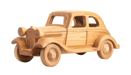 Detailed wooden miniature replica of an antique automobile model rests against a solid black background