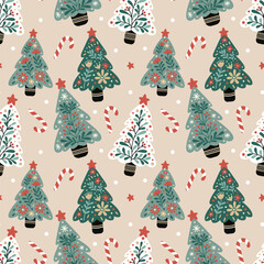 Seamless Christmas tree and candy cane pattern in Scandinavian folk art style. Cute hand-drawn festive design with stars and snow dots, perfect for fabric, wrapping paper, wallpaper, and holiday decor