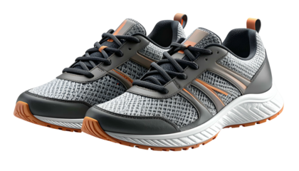 A pair of athletic running shoes featuring dark gray mesh and orange accents rests against a stark black background.