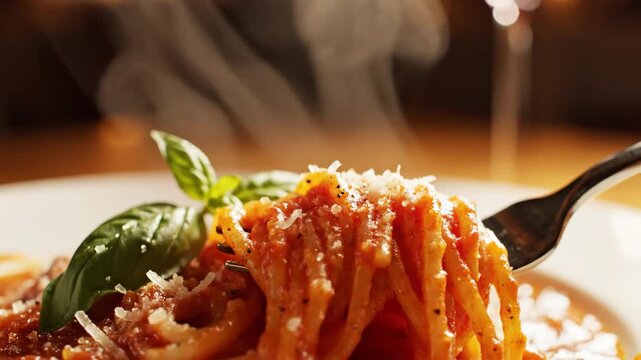 Steaming Spaghetti on Fork with Tomato Sauce and Parmesan Cheese
