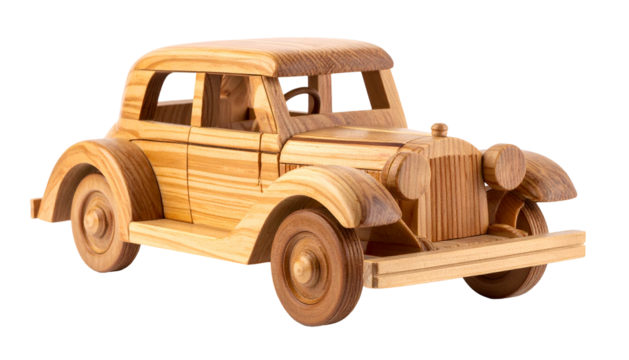 Handcrafted wooden model of an antique automobile is isolated against a dark background