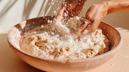 Hands vigorously mixing dough in a bowl with flour flying — a dramatic baking prep shot.
