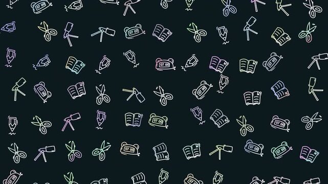 Seamless Loop Pattern Abstract Science Education Icons on Dark Background, Pastel Outline Symbols for Research and Learning 4K UHD