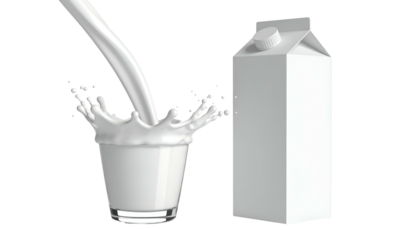 Creamy white liquid streams into a clear glass creating a dynamic splash beside a blank carton