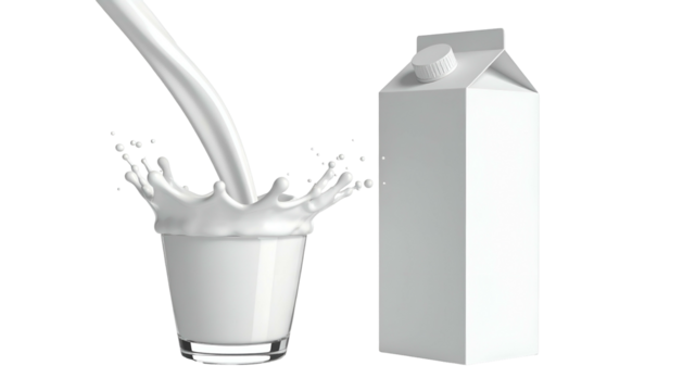 Creamy white liquid streams into a clear glass creating a dynamic splash beside a blank carton