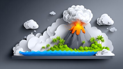 Volcanic Island Eruption Paper Art with Lush Greenery and Clouds.