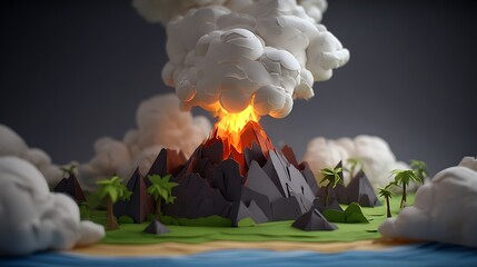 Volcano Eruption in a Tropical Landscape - A Low Poly Art Scene.