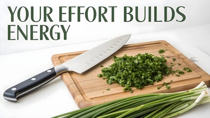 A chef knife chopping fresh greens on a wooden cutting board