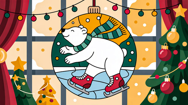 A cheerful illustration of a polar bear ice skating inside a Christmas ornament, surrounded by festive holiday decorations.