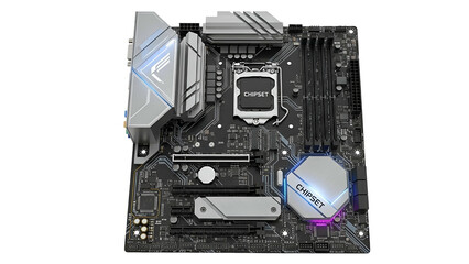 Modern computer mainboard featuring silver heat sinks and subtle illumination against a dark background