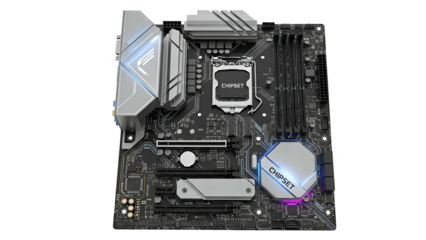 Modern computer mainboard featuring silver heat sinks and subtle illumination against a dark background