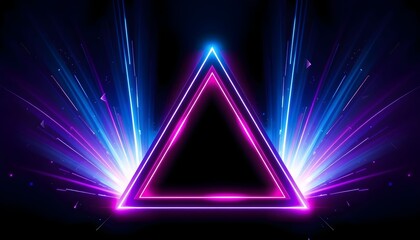 A vibrant neon triangle glows with blue and pink light against a dark background.