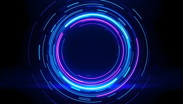 Abstract glowing neon circles with futuristic energy flow against a dark background, creating a dynamic digital vortex.