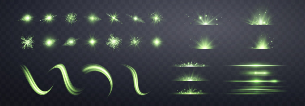 Green lens flares, lines, flashes set. Spotlight with rays or and bokeh. Glow flare light effect. Isolated on transparent background. Vector illustration.