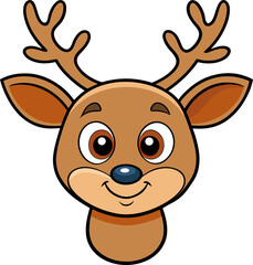 a cute reindeer face with big eyes and small antlers, smiling expression, flat cartoon icon, no background.