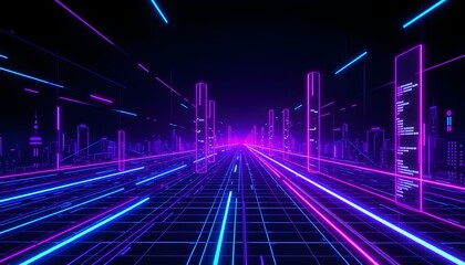 Futuristic cityscape with neon lights and grid lines creates a vibrant, digital environment.