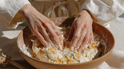 Fototapeta premium Hands kneading dough in a deep bowl — bread or pastry making process in a home kitchen.