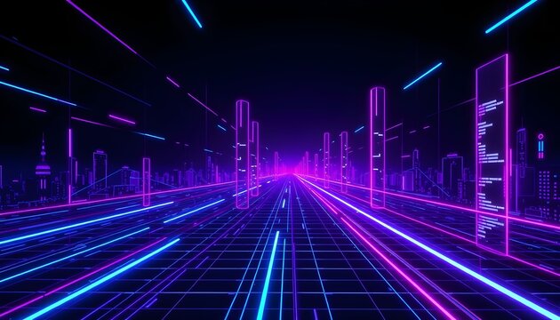 Futuristic cityscape with neon lights and grid lines creates a vibrant, digital environment.