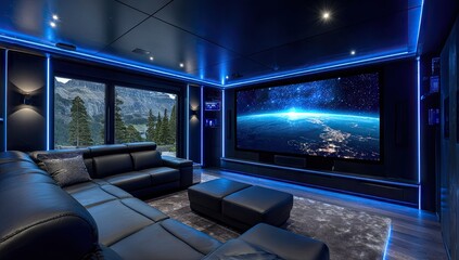 Naklejka premium Luxury home theater with large screen and comfortable seating entertainment