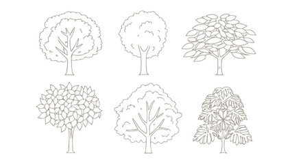 Various Tree Types Line Art: Showcase a collection of diverse tree illustrations in a clean, minimalist line art style, perfect for illustrating landscape elements.