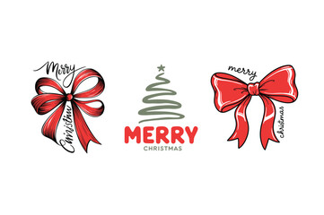 Merry Christmas Red Bow and Tree Illustration Set