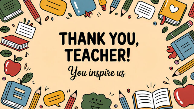 A heartfelt 'Thank You, Teacher!' message surrounded by a colorful border of hand-drawn school supplies like books, pencils, and apples.