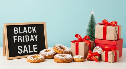 Black Friday sale sign with gifts, mini Christmas tree, and donuts. Holiday shopping and seasonal discount concept for advertisement.