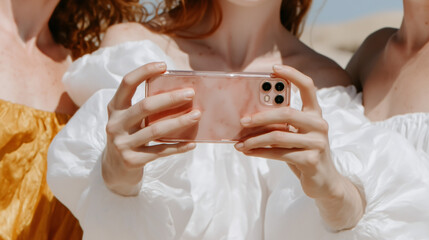 Group holding a smartphone for content shooting — collaborative photo and video creation.