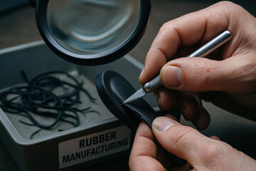 Rubber manufacturing precision hand tooling inspection magnifying glass workplace focused detail comfortable workflow