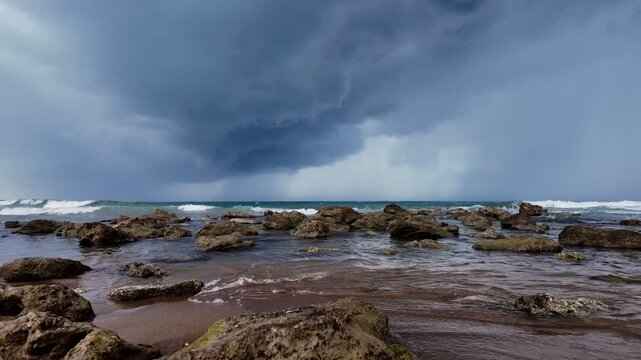 Dramatic scene of beach with stones in Turkey, where turbulent sea meets rugged shore, dark thunderclouds looming ominously on stormy cloudy day