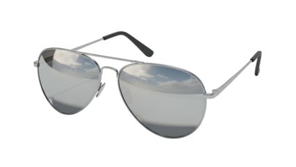 Polished metal aviator style eyeglasses with reflective lenses are isolated against a dark background