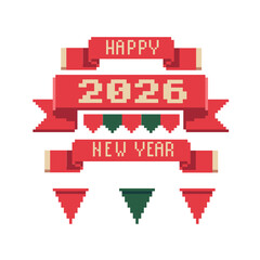 Retro pixel art banner with text Happy New Year 2026. Red ribbons, green and red flags, vintage 8-bit holiday decoration for Christmas greeting cards, retro games, and festive design projects.
