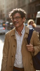 Obraz premium A man in a trench coat and glasses walking down the street