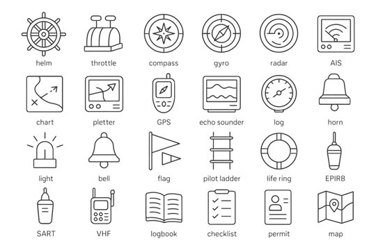 Nautical icons set featuring navigation and safety symbols.